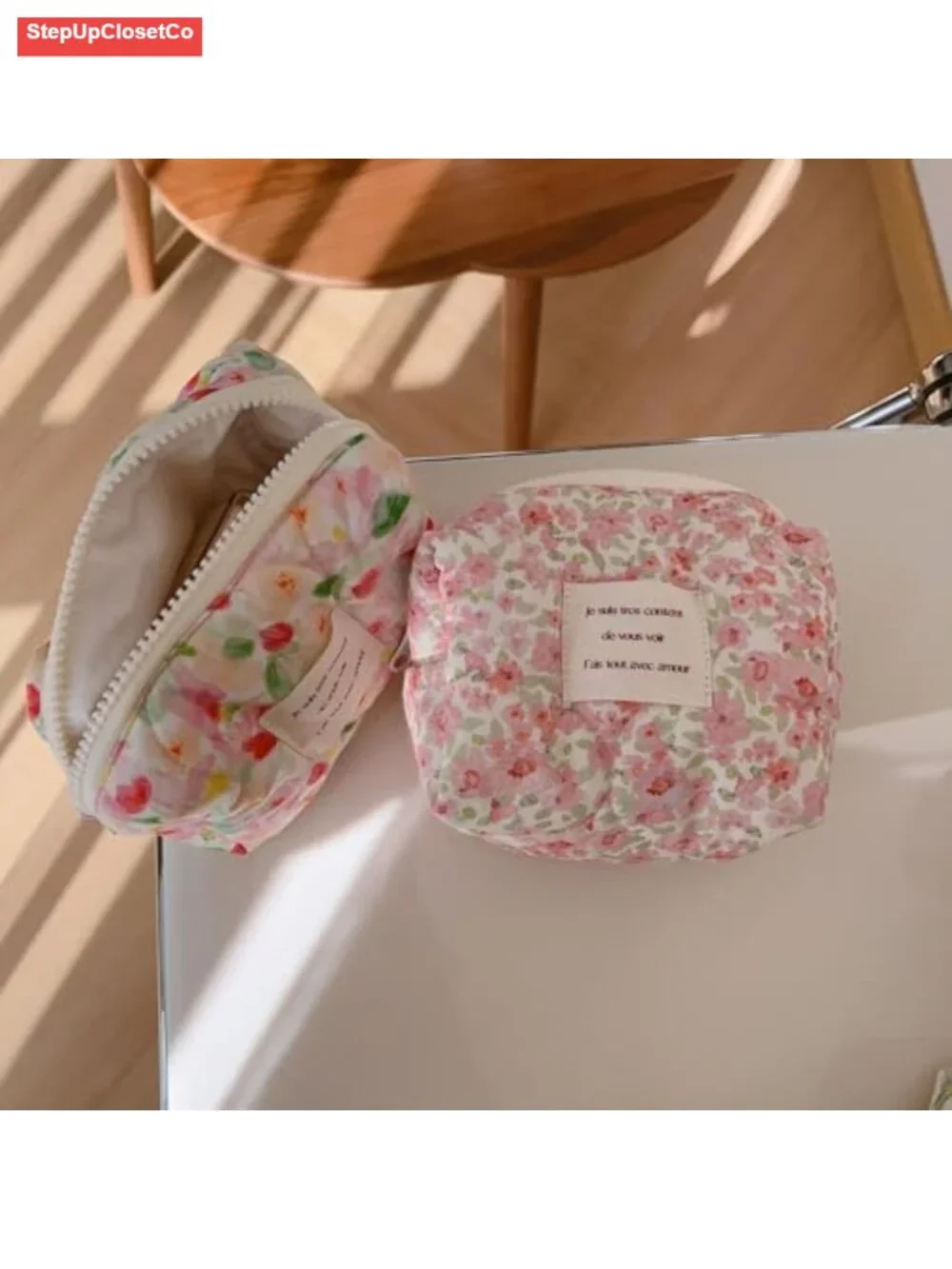 Quilted Cotton Floral Makeup Bag with Zipper, Small Travel Toiletry Organizer,